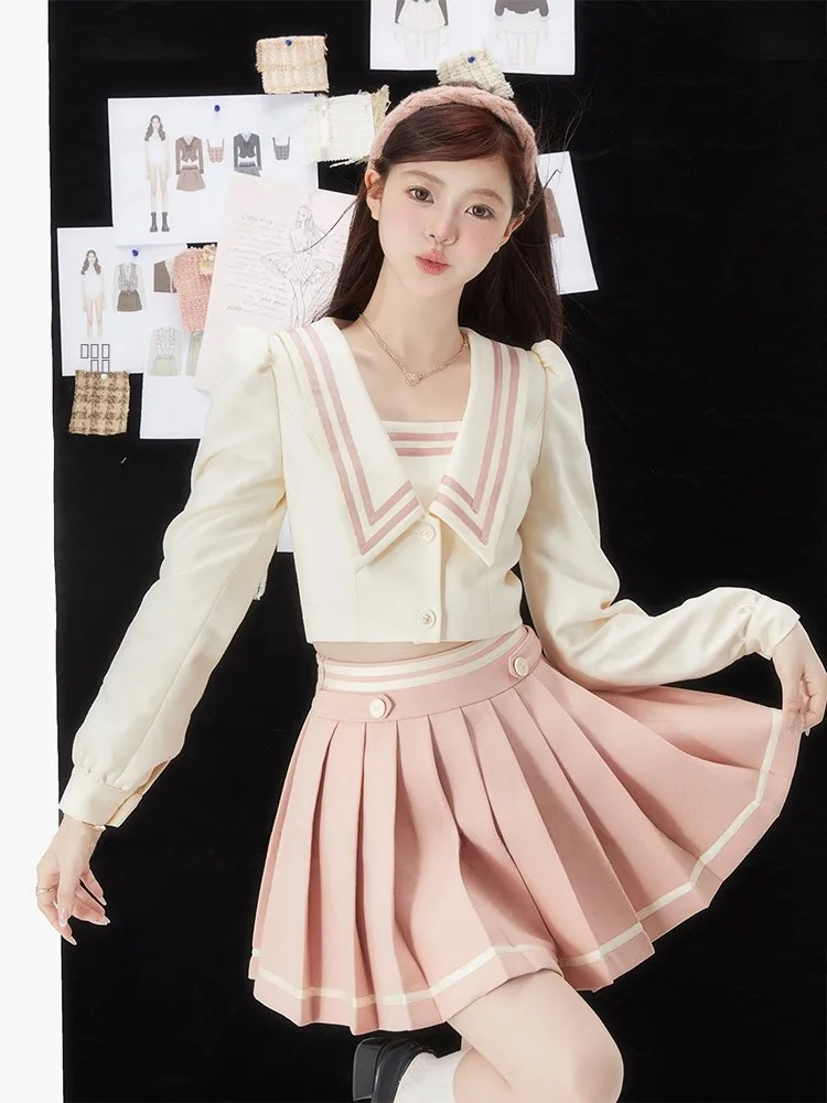 

Новый весенний женский корейский модный комплект: плиссированная юбка и топ с длинным рукавом и темно-синим воротником для молодых девушек