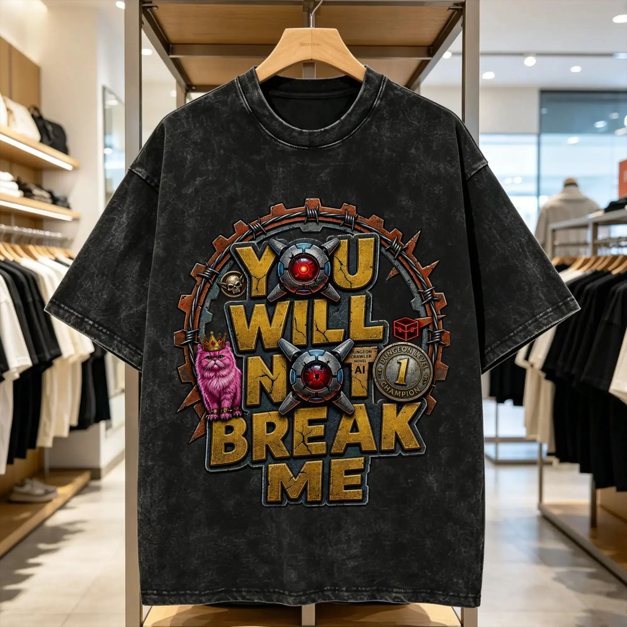 You Will Not Break Me Men's T Shirt Washed Dungeon Crawler Carl  Vintage Tees Short Sleeve Crewneck T-Shirt Pure Cotton Clothes