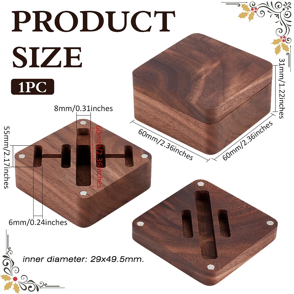 Square Walnut Wooden Cufflinks Tie Clips Box 2.4x2.4x1.2 Inch Cufflink Case Portable Tie Clip Holder -Closure Accessory