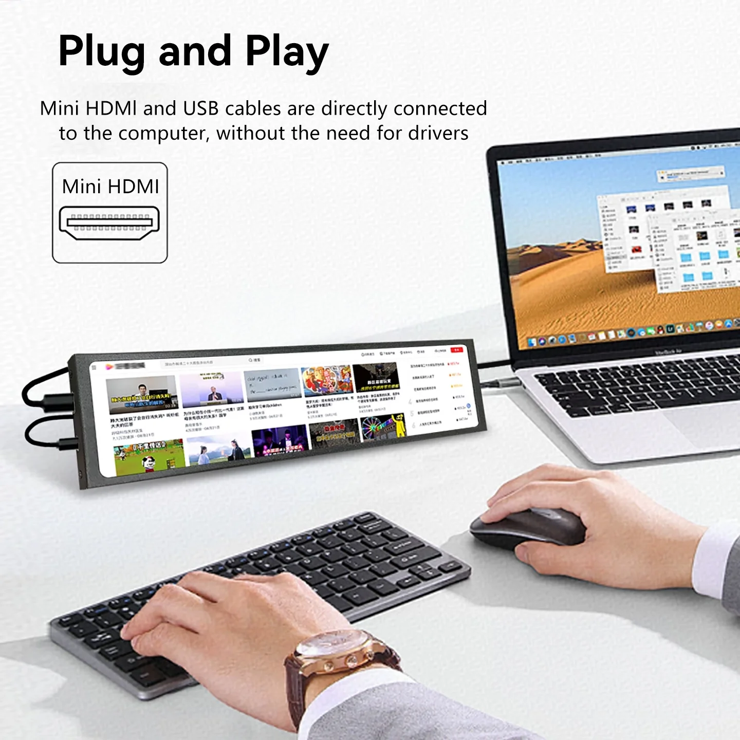 11.3 Inch Mini Portable Monitor IPS Long Screen VESA Compatible Mini HDMI USBC Small Size Strip Screen Housing Built-in Screen