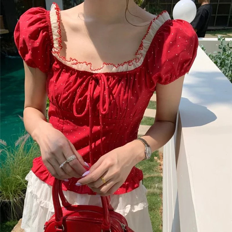 Francês doce bolha manga bolinhas arco camisa feminina verão nicho emenda renda curto topo blusa feminina