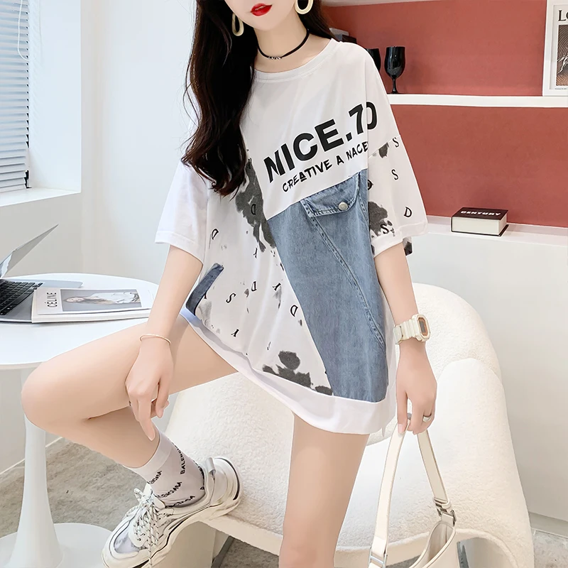 Denim Stitching T Shirts Women Design Sense Fashion Mid-length T-shirt Summer Trendy Casual Loose Oversized Short Sleeve Tshirt