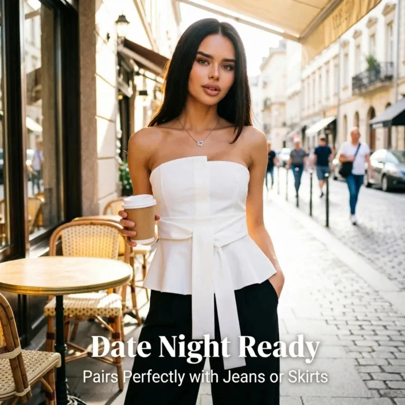 Women's Strapless Corset Top White Tie Waist Slim Fit Peplum Hem Sleeveless Blouse Summer Party Club Going Out Chic Streetwear