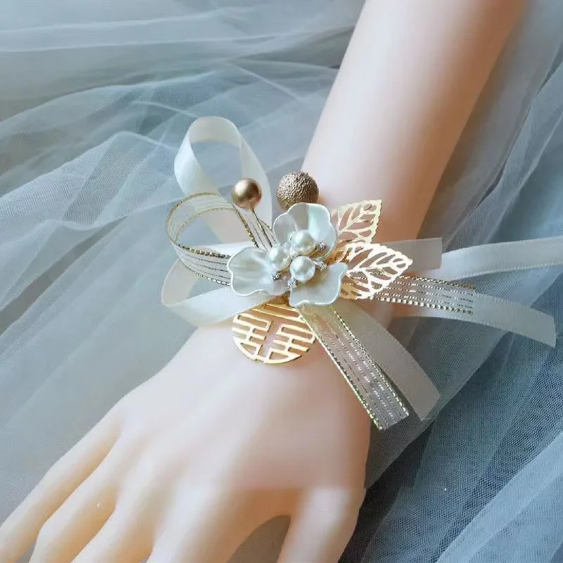 เพื่อนเจ้าสาวงานแต่งงานสร้อยข้อมือ Corsage ข้อมือเจ้าสาวดอกไม้ริบบิ้นเพิร์ลดอกไม้งานแต่งงานอุปกรณ์เสริมเครื่องประดับของขวัญ