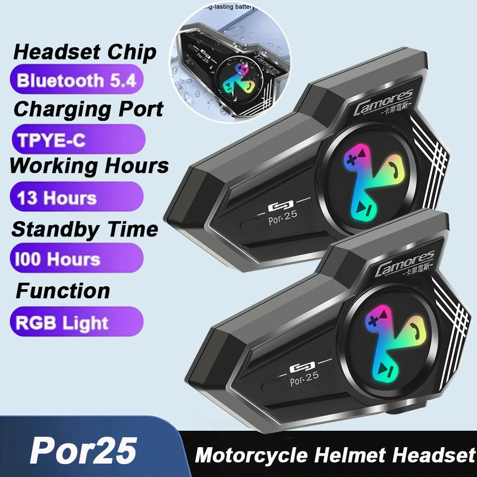 1/2pcs Por25 Motorcycle Helmet Headset Bluetooth 5.4 Wireless Earphone Handsfree Mic Headphones Music Player Moto Helmet