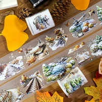 Cinta Adhesiva Decorativa PET de 50mm*200cm con Diseño Vintage de Nieve y Paisaje, Material Creativo para Manualidades, Diario, Collage y Scrapbooking