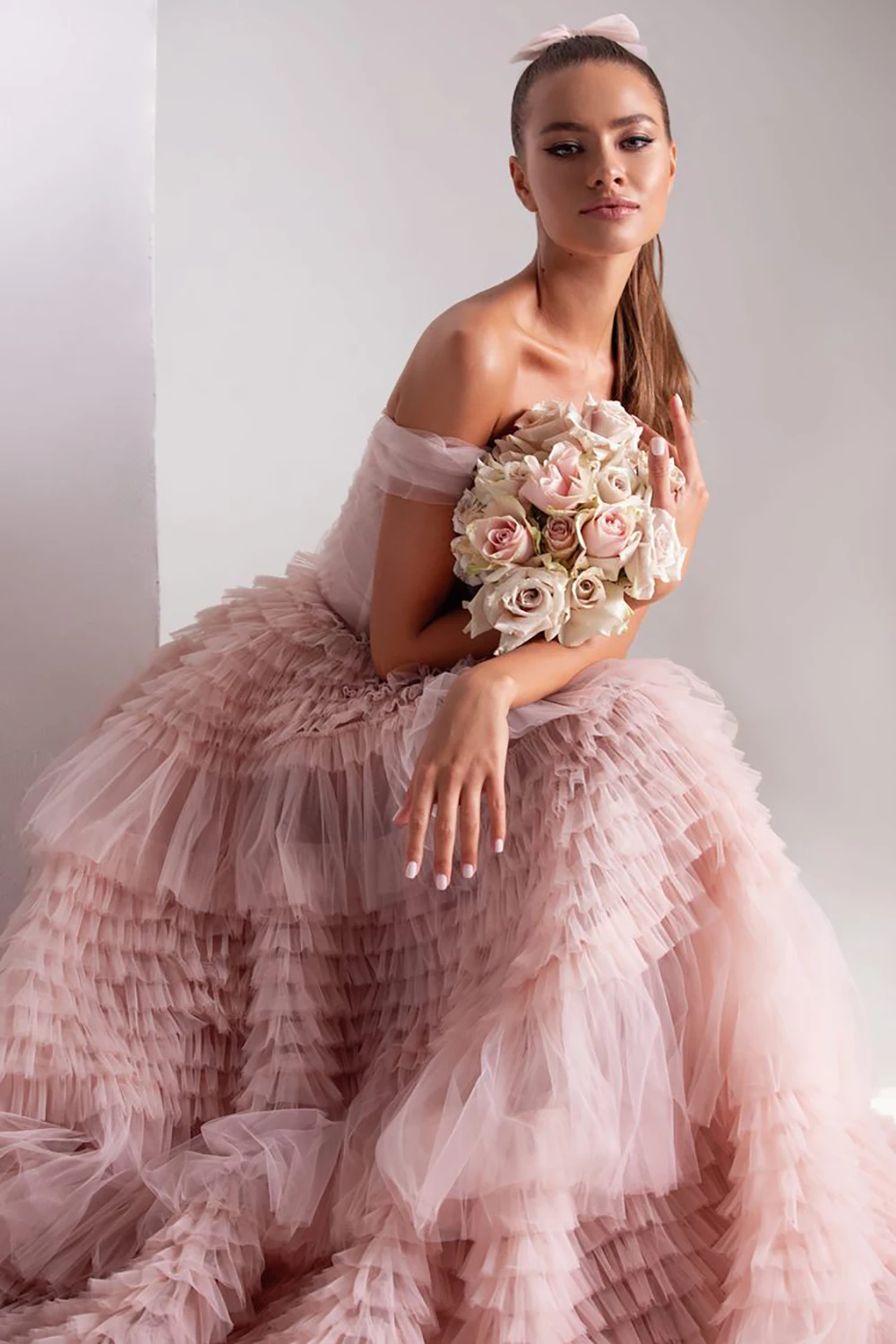 Robe de soirée rose clair Amanda, robe de Rhen tulle doux, train de balayage, robe de soirée initiée, 2023 Off