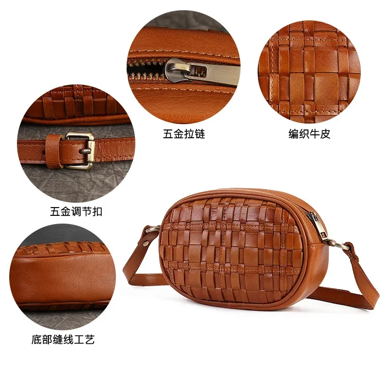 Women\'s Woven Leather Shoulder Bag Vintage Ladies Knitted Crossbody Bags Small Female Weave Cowhide Leather Messenger Sling