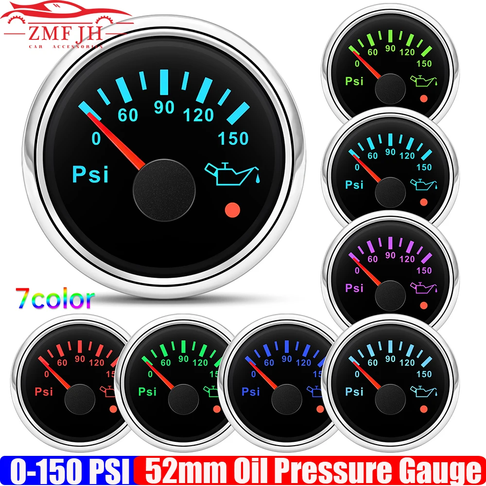 

0~150 PSI 52mm Oil Pressure Gauge with Alarm Auto Car 7 Color Light Oil Press Meter Indicator for Boat Yacht Waterproof custom