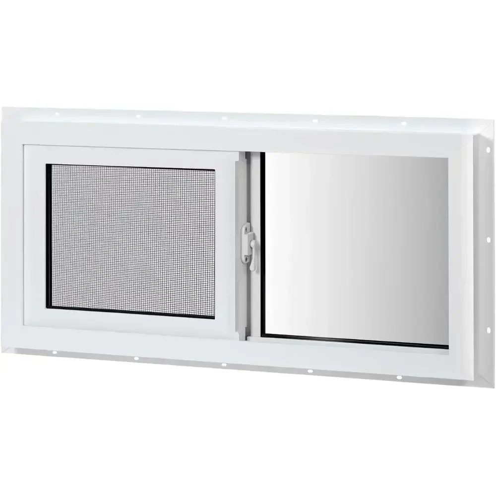 Vinyl Basement Window, 32" x 14" Slider Window with Double Pane Insulated Tempered Glass and Fiberglass Mesh Screen for Basement