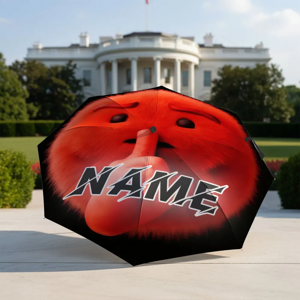 Custom Name Umbrella Red Furry Shush Emoji Cartoon Character Print Compact Folding Travel Parasol Funny Novelty gift For People