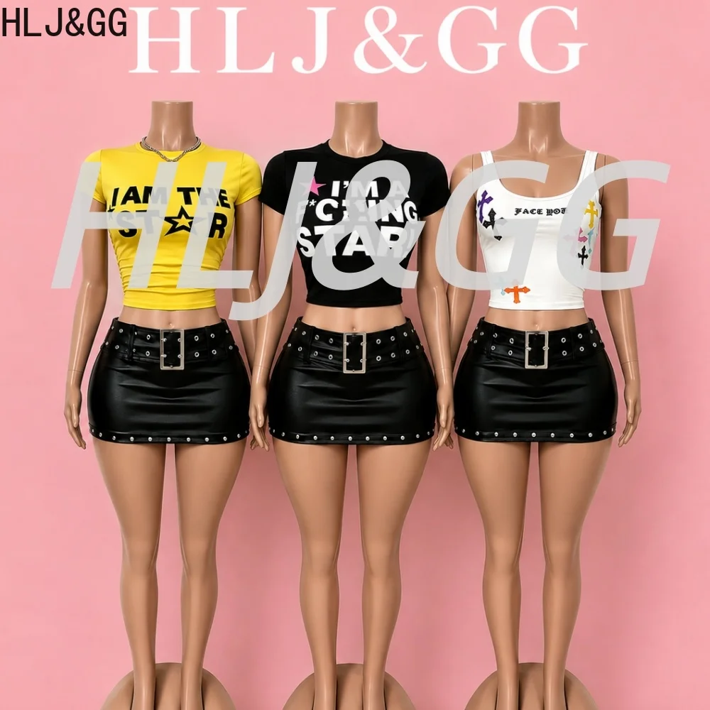 HLJ&GG Trend Y2K Letter Print Tshirts Two Piece Sets Women O Neck Short Sleeve Crop Top + Leather Mini Skirts Outfits Streetwear