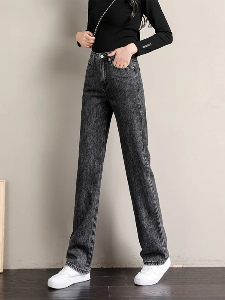 

Women Jeans Fleece-Lined Black Gray Straight Jeans Women's Loose New High Waist Slimming Draping Long Pants Baggy Jeans Women