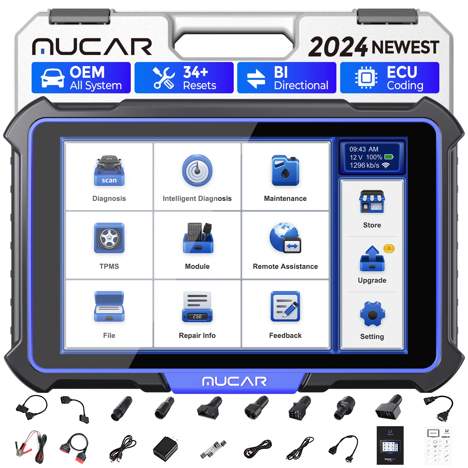 MUCAR VO8 Profession Car Diagnostic Tools Full System Scan 34 Reset Actuator Test ECU Coding 64G 8 inch Automotive OBD 2 Scanner