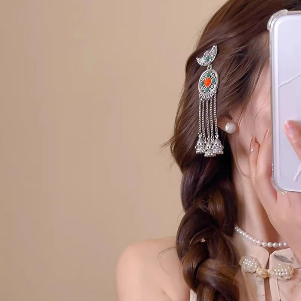 

Ancient Crescent Shape Tassel Hairpin Silver Metal Ethnic Style Hair Stick Hair Accessories Chinese Style Hanfu Hair Fork