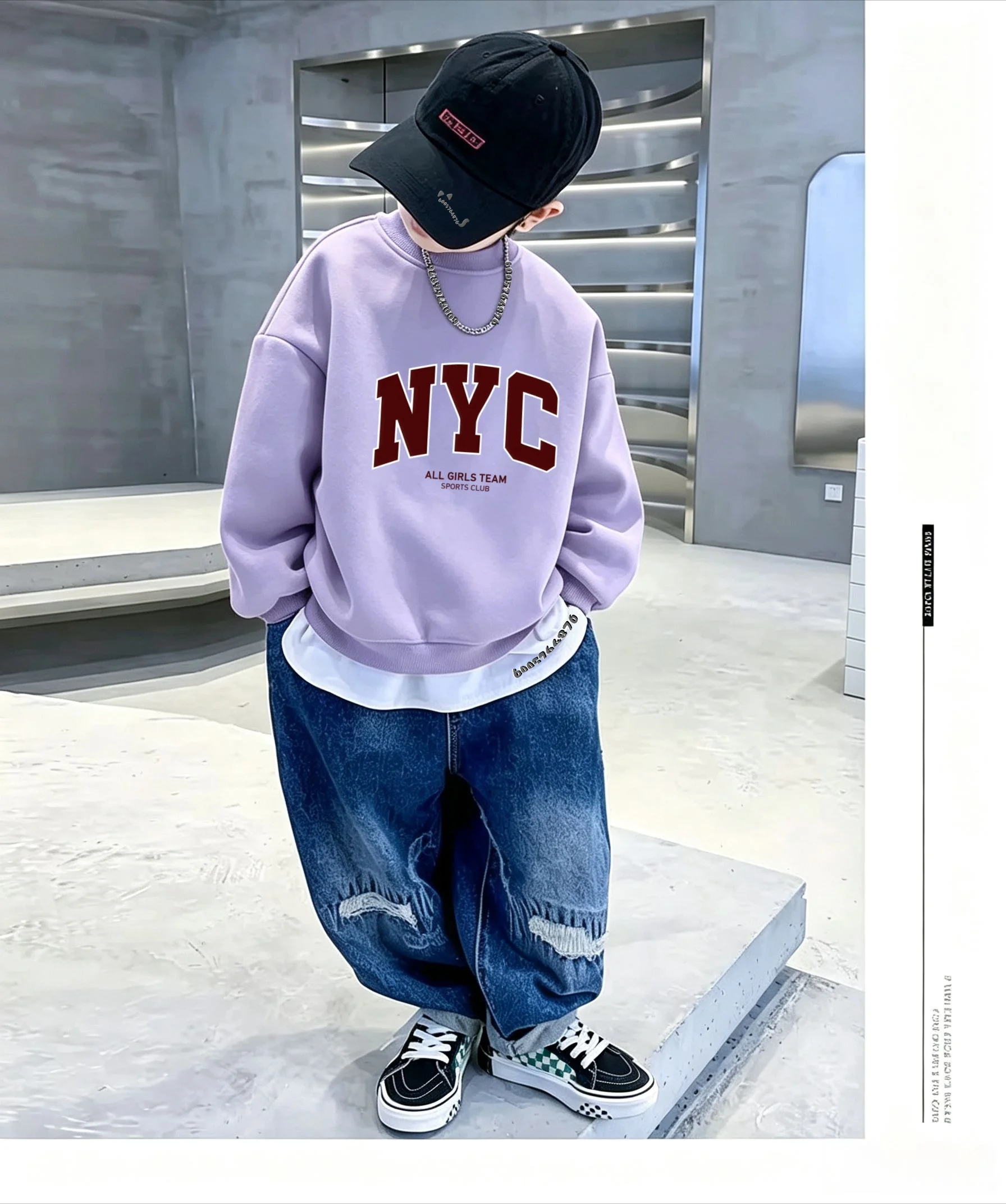 Best-selling children's fall/winter crew-neck pullover with NYC letter print, casual, soft, warm and cozy pullover top.
