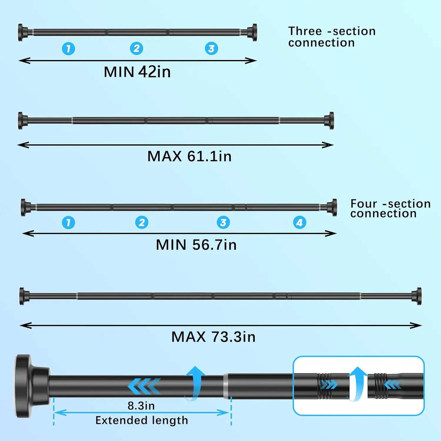 42-71 inch Black Shower Curtain Rod Black Shower Rod Adjustable Shower Tension Curtain Rod No Drilling, Anti-Slip No Rust,