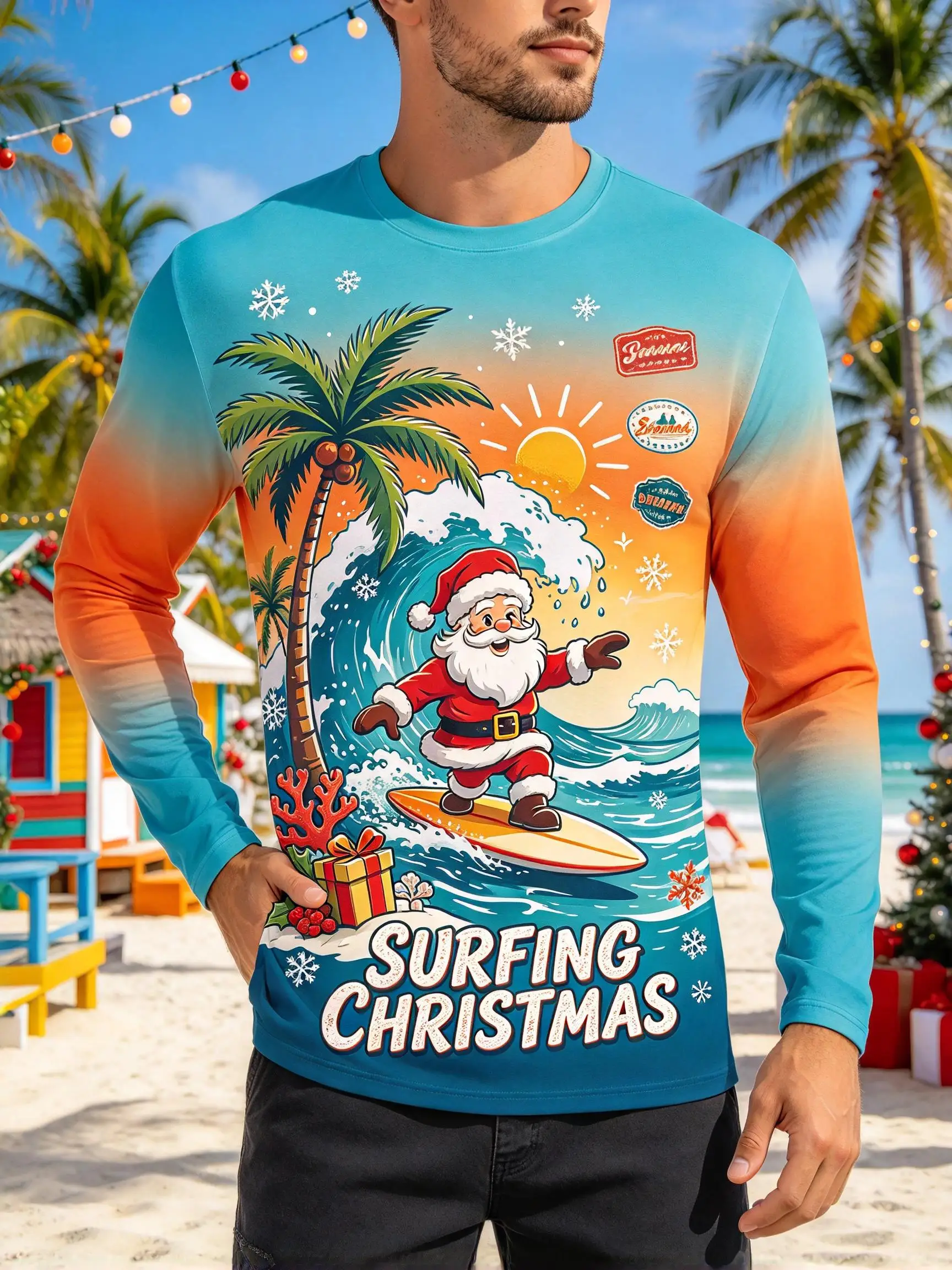 Men's Surfing Christmas Graphic Long Sleeve T-shirt, Santa Palm Tree Beach Wave Xmas Gift Print Casual Holiday Tops Tee