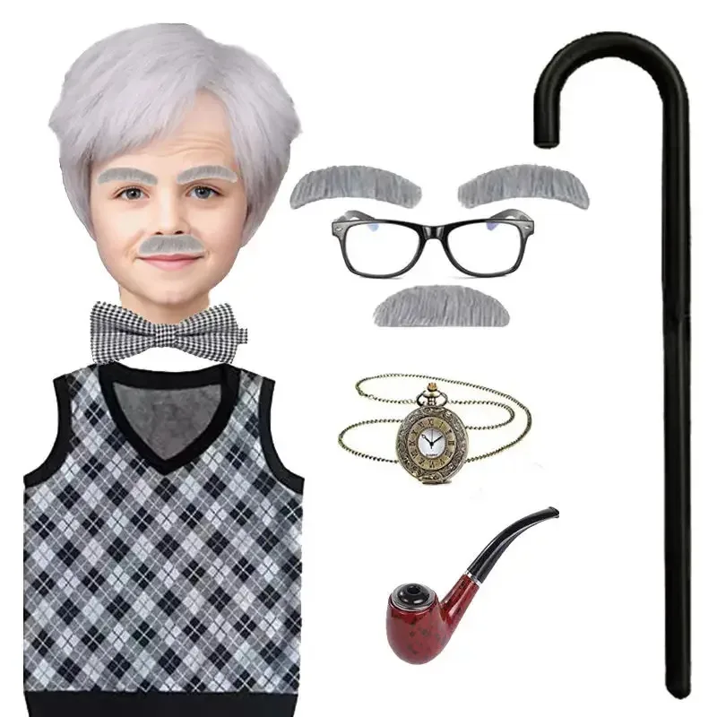 

COSda@Complete Old Man Costume with Hat, Glasses, Wig and Grandpa Cane, 2025 School Days, for Halloween