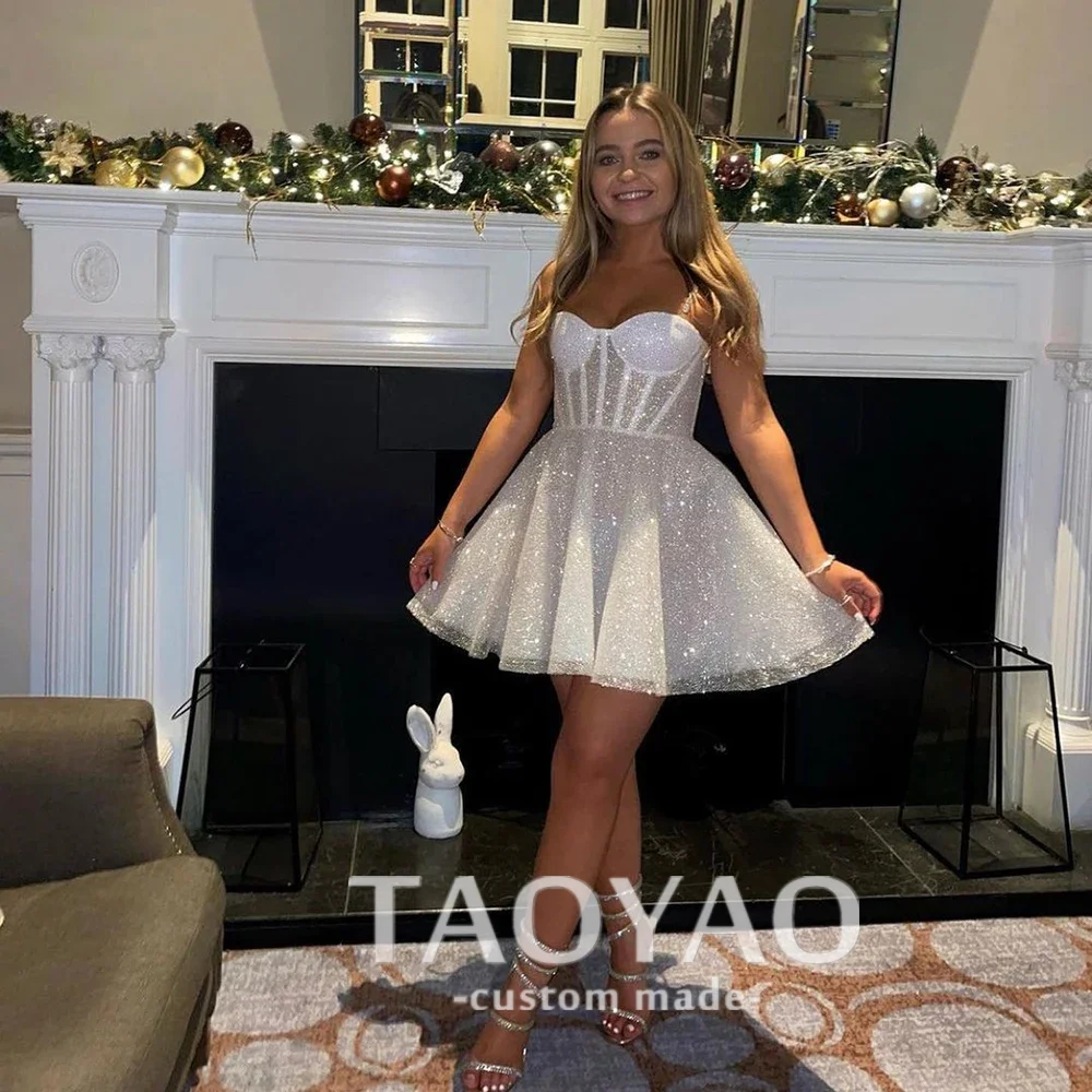 

White Spaghetti Strap Sequin A-line Short Prom Gown Customized Sleeveless Bridal Evening Party Dress Glitter Homecoming Gown