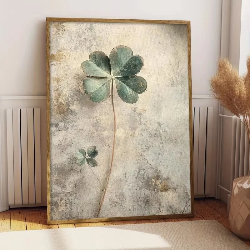 Vintage-Wandkunstdruck mit vierblättrigem Kleeblatt, Leinwandgemälde, Poster, Bild für Wohnzimmer, Schlafzimmer, Heimdekoration
