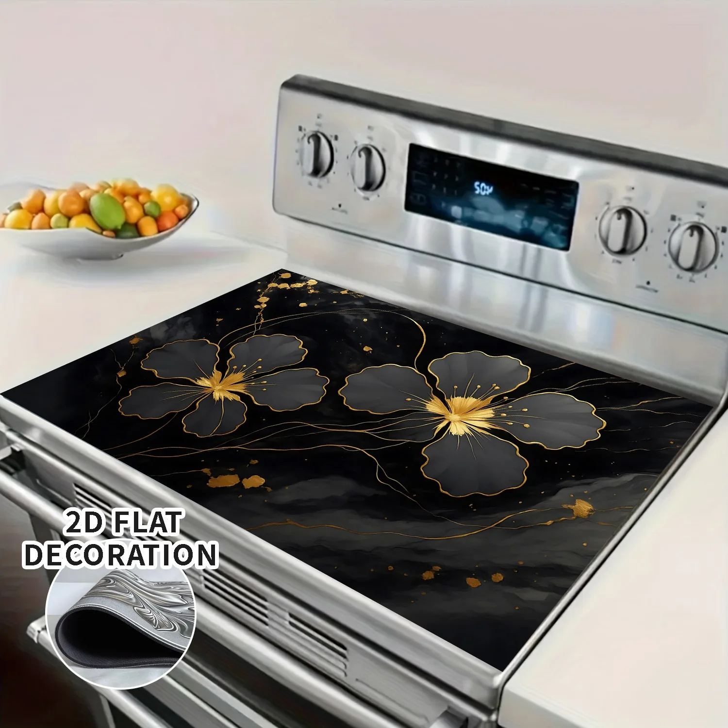 Elegante Schwarz-Gold Blumen Herdabdeckung, Rutschfeste Küchenmatte, Dekorative Schutzunterlage für Gaskochfelder, Lustiges Küchenzubehör
