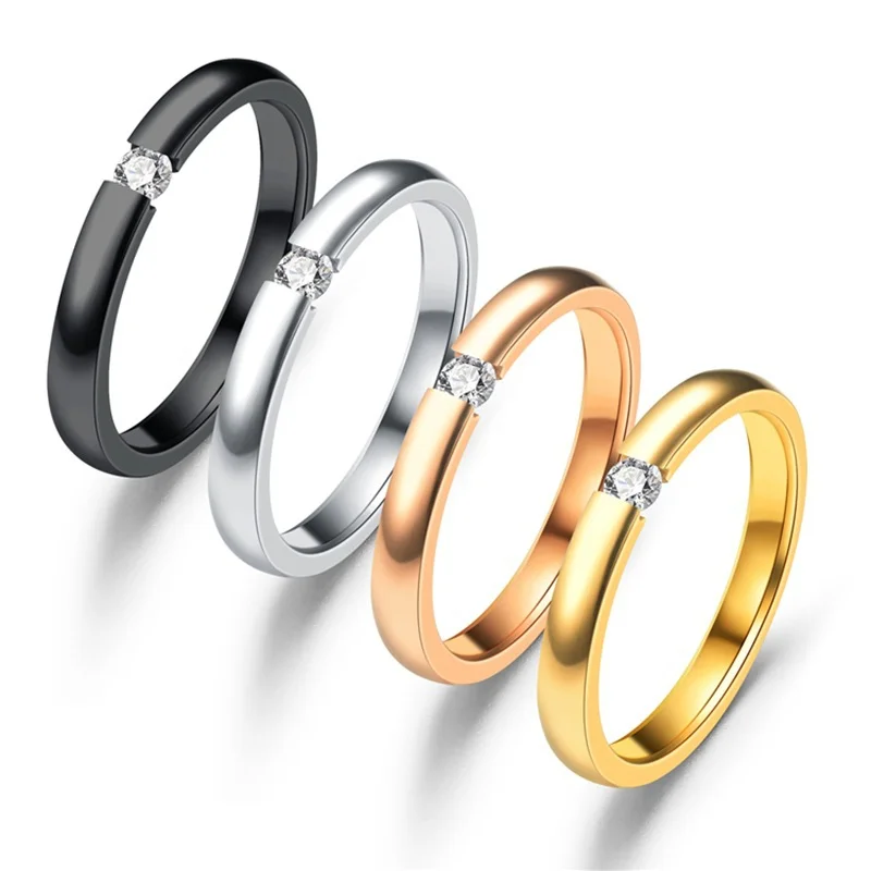 

3mm High Polished Stainless Steel Cubic Zirconia Stone Engagement Wedding Ring for Women in 4 Colors Fashion Charm Jewelry