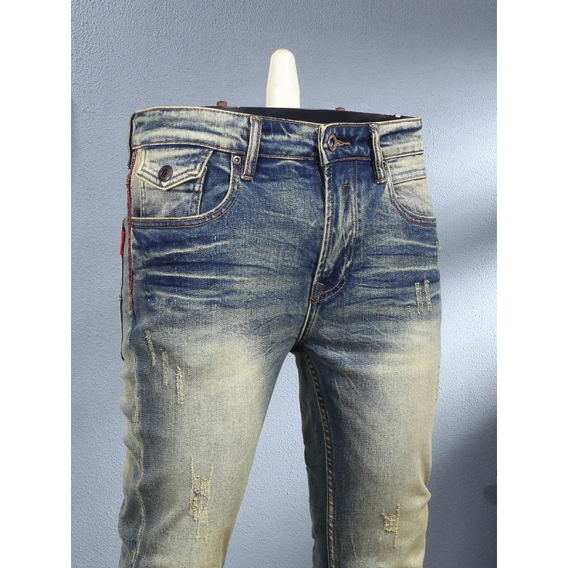 Trendy retro vintage simple and versatile small straight leg jeans men with scratch and elastic small leg pants