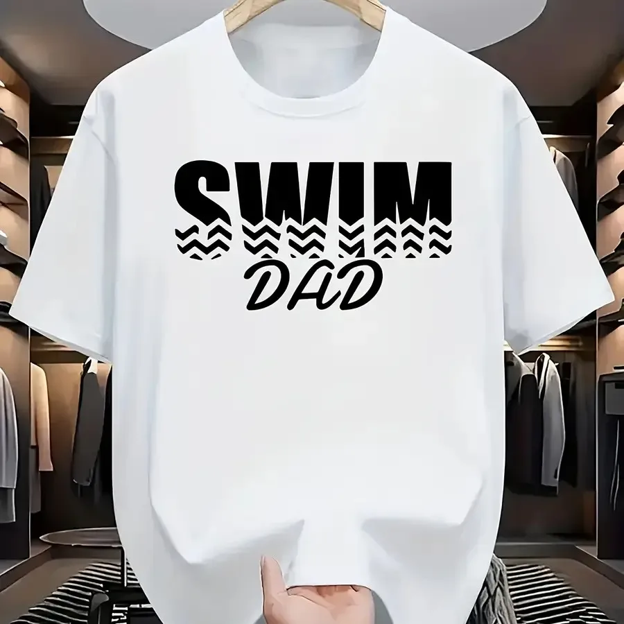 【Nueva llegada】Camiseta con estampado de ondas para papá nadador, camiseta informal de manga corta con cuello redondo blanco para padres orgullosos de nadadores