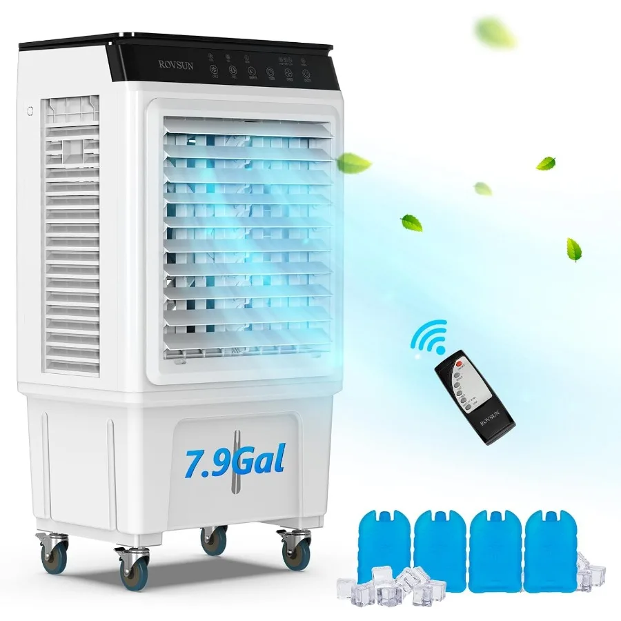 

7.9Gal Portable Swamp Cooler with 2300CFM High-Volume Evaporative Cooling Auto Oscillating Feature Remote Control 3 Speed Setti