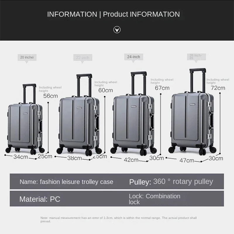 Business Aluminum Frame Trolley Case, Bagagem Masculina e Feminina, 24 "Bagagem, 20" Bagagem de Embarque, 26 "Grande Capacidade