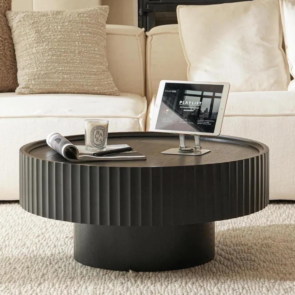 

Round Coffee Table, Modern Living Room Tables with Mushroom Shape and Grooved Design,Large Coffee Tables, Circle Pinewood Center