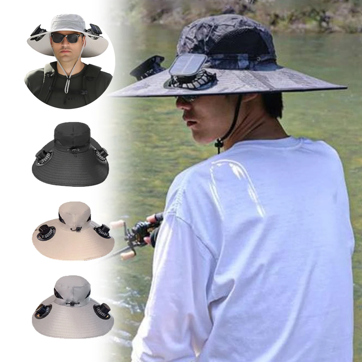 

Solar Powered Dual Fan Hat Mens Wide Brim Windproof Design USB Charging UPF50 UV Blocking Perfect Fathers Day Outdoor Gift
