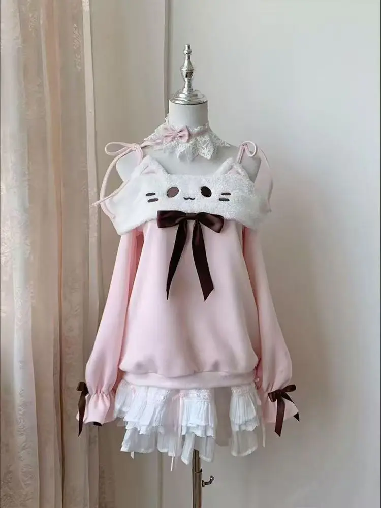 اليابانية Kawaii طويلة الأكمام الوردي هوديي المرأة الخريف الحلو القوس التطريز قبالة الكتف القمم تصميم دافئ جميل المرقعة معطف