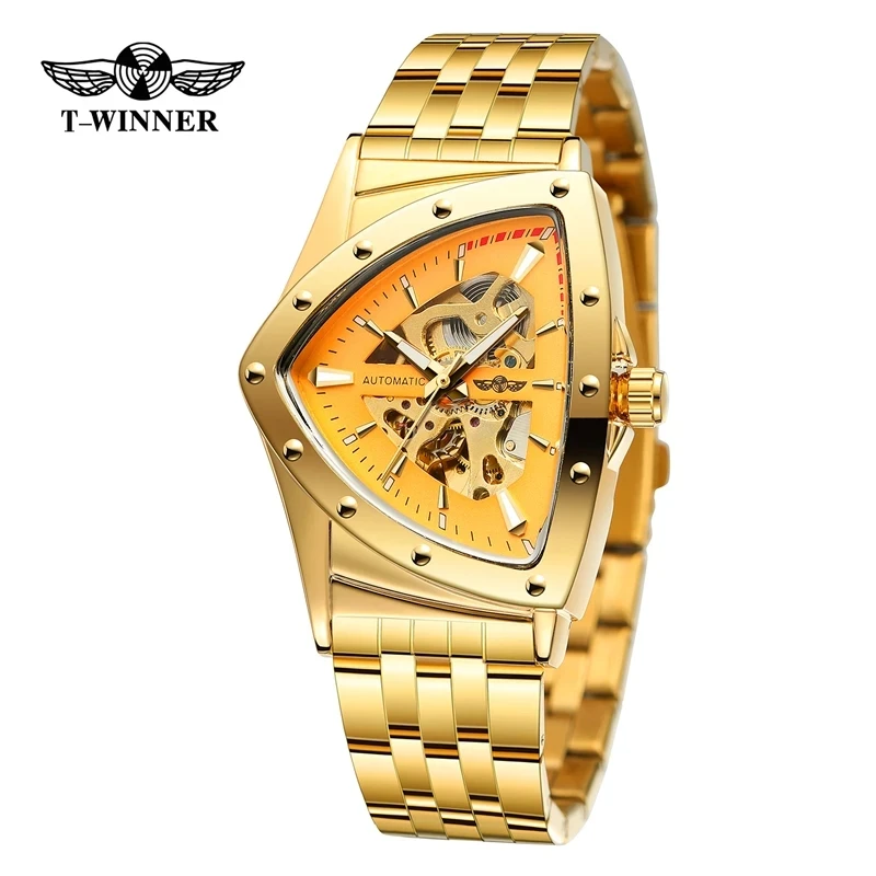 WINNER 395S New Men's Triangle Mechanical Skeleton Watch Golden Stainless Steel Watches For Male Waterproof Sport Wristwatch