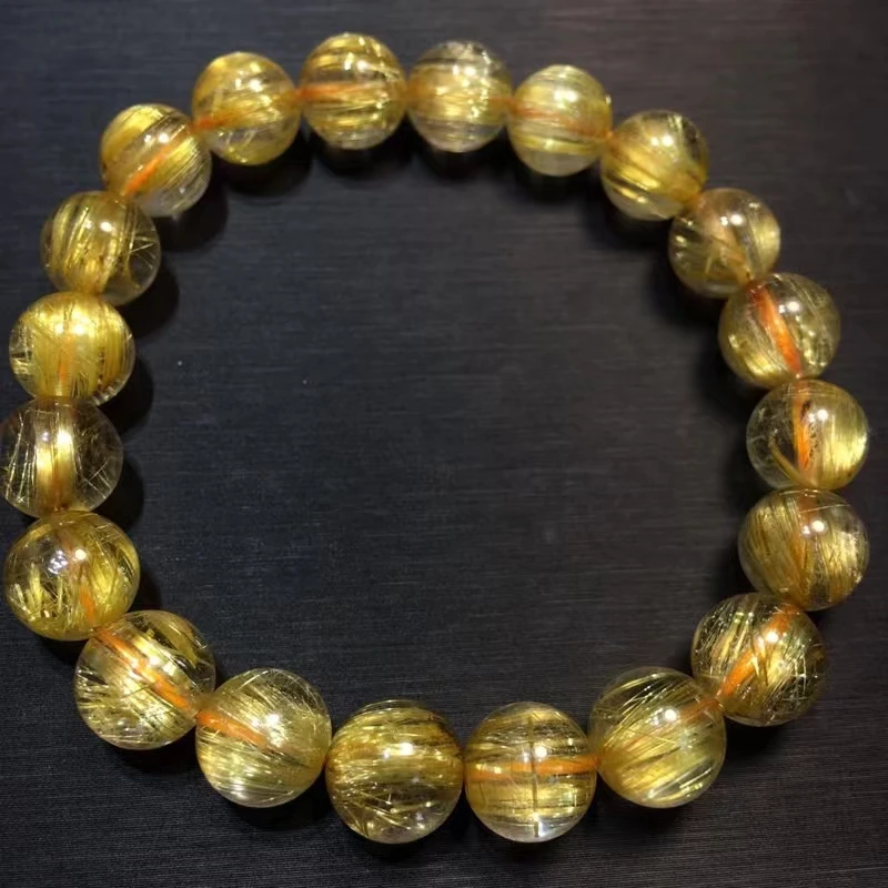 

Natural Gold Rutilated Quartz Round Beads Bracelet 9.5mm Yellow Rutilated Brazil Women Men Fashion Wealthy Stone AAAAAAA