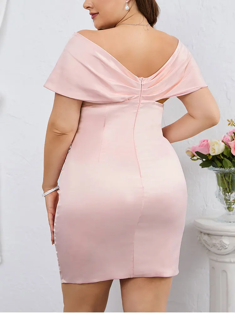 EYNMIN Plus Size Solid Off The Shoulder Mini Dress Sweet Twist Backless Bag Hip Dresses increspato Zipper Robe Fashion Slim Vacation