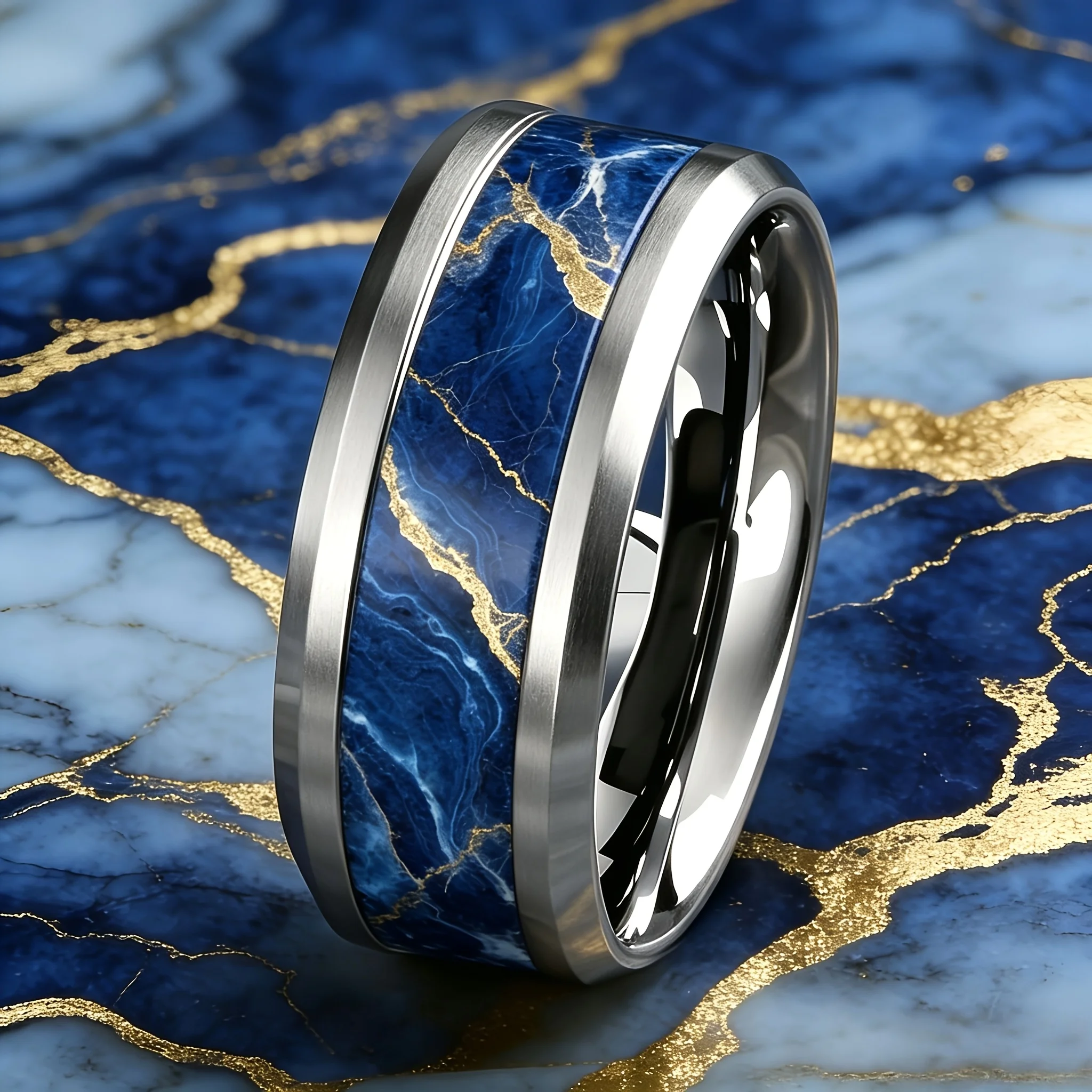 Luxury Royal Blue Marble And Golden Pattern Ring Stainless Steel Rings For Women Men Wedding Band Jewelry Valentine's Day Gifts