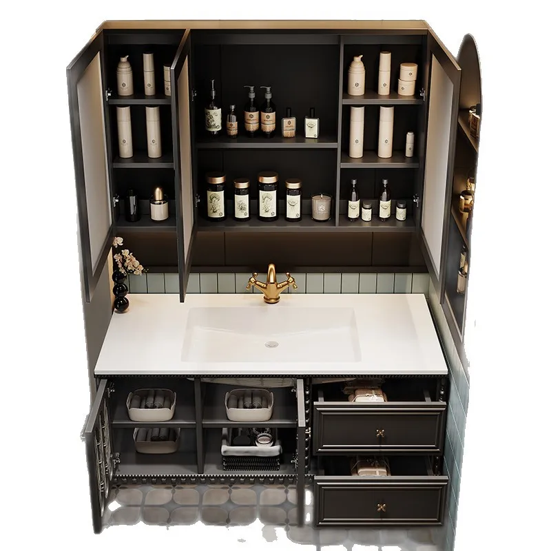 

New light luxury oak French retro bathroom cabinet combination bathroom rock slab washstand hand washbasin bathroom cabinet