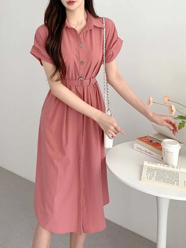 Colorfaith DR6028 New 2023 Chic High Waist Korean Fashion Elegant Vintage Lace Up Wild Women's Spring Summer Long Shirt Dresses