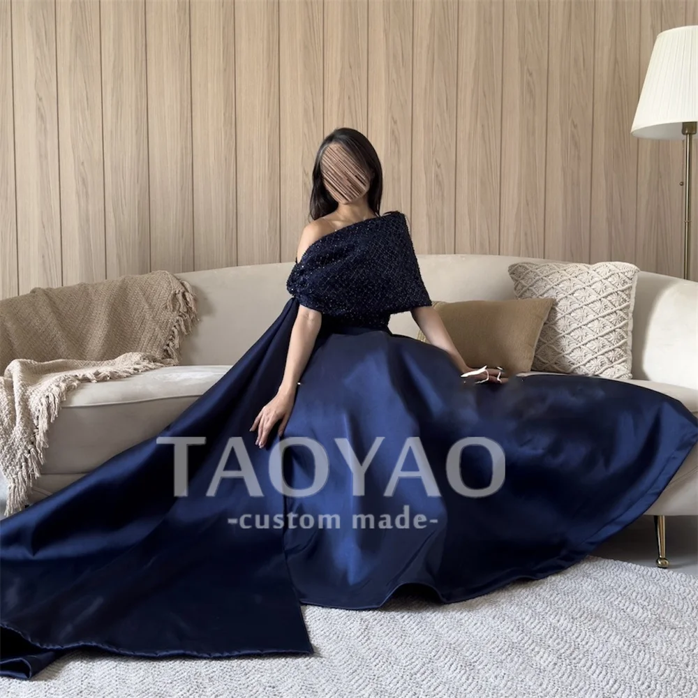 Charming A Line One Shoulder Evening Dresses Navy Blue Elegant Party Dresses With Sequins Prom Gowns Robe De Soirée Vestido