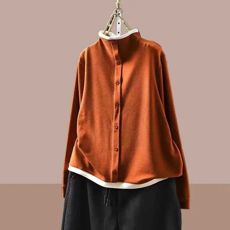 Women Contrast Trim Stand Collar Button Front Fleece Cardigan Loose Long Sleeve Tops