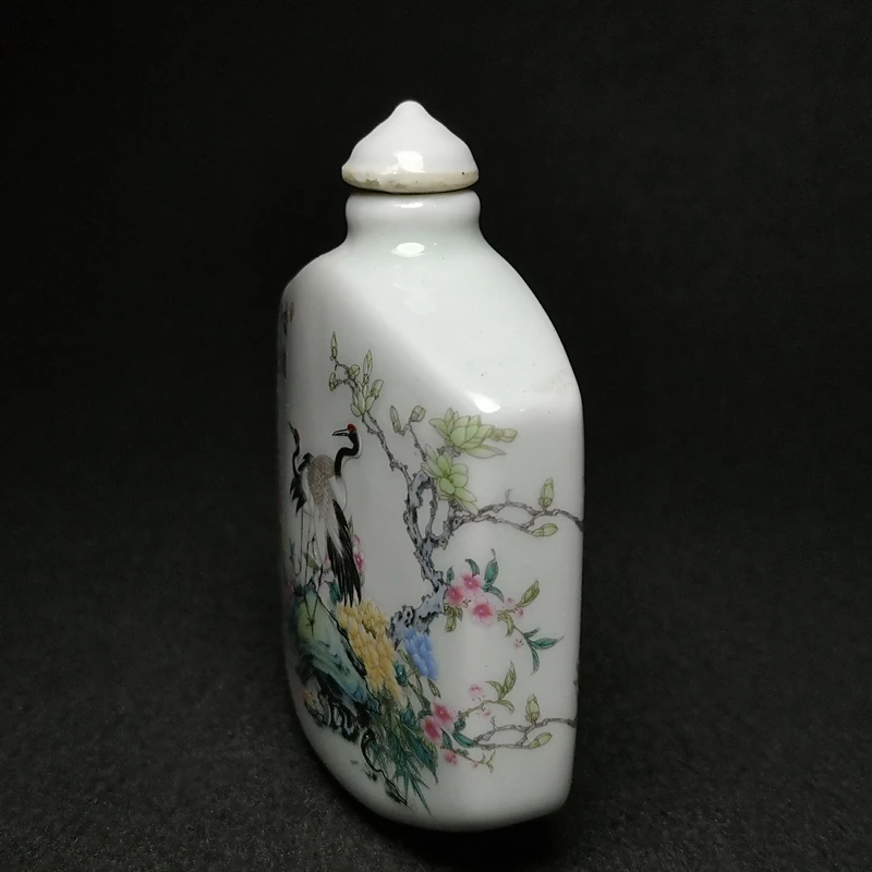 YIZHU CULTUER ART Size 7.8 x 6.2 cm Old Chinese Porcelain Painting Crane Flowers Bird Snuff Bottle Decoration Gift Collection