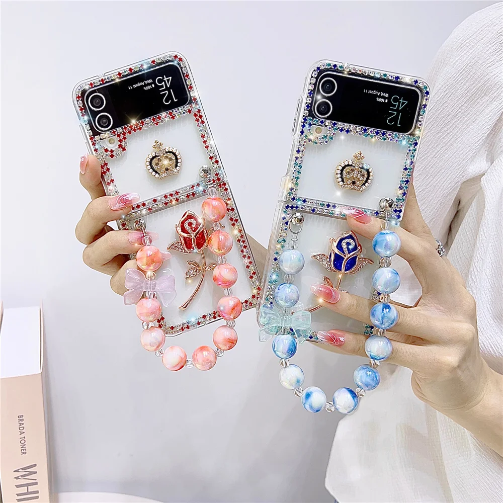 Cartoon Crown Rose Phone Case Suitable for Samsung Galaxy z flip6/4/5 Protective Case Comes with Hanging Rope