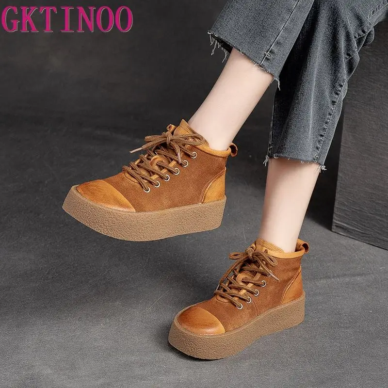 

GKTINOO 4cm Natural Cow Suede Genuine Leather Autumn Moccasins Retro Comfy Women Spring Ethnic Flats Ladies Ankle Boots Shoes