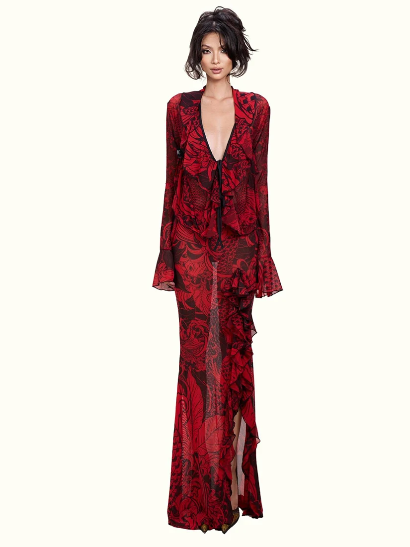 

Weird Puss Women's Fashion Set Deep V Print Bell Sleeve Skirt Split Elegant Casual Spring Outfit Polyester Long Sleeve