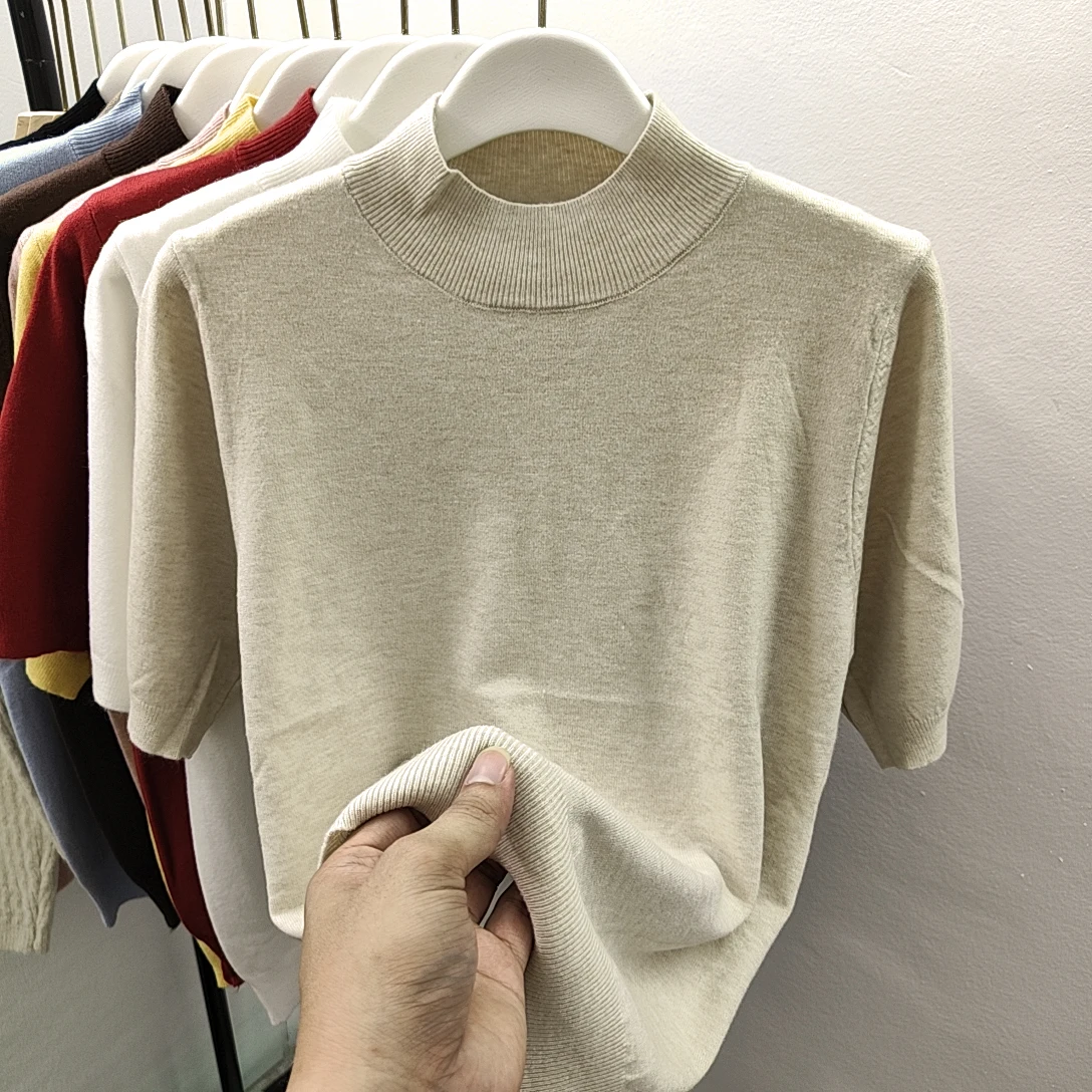 

Faionable Knitted Color round Ne ort Sve Women's Base irt Inner Wear T-irt Thin Top European Sle