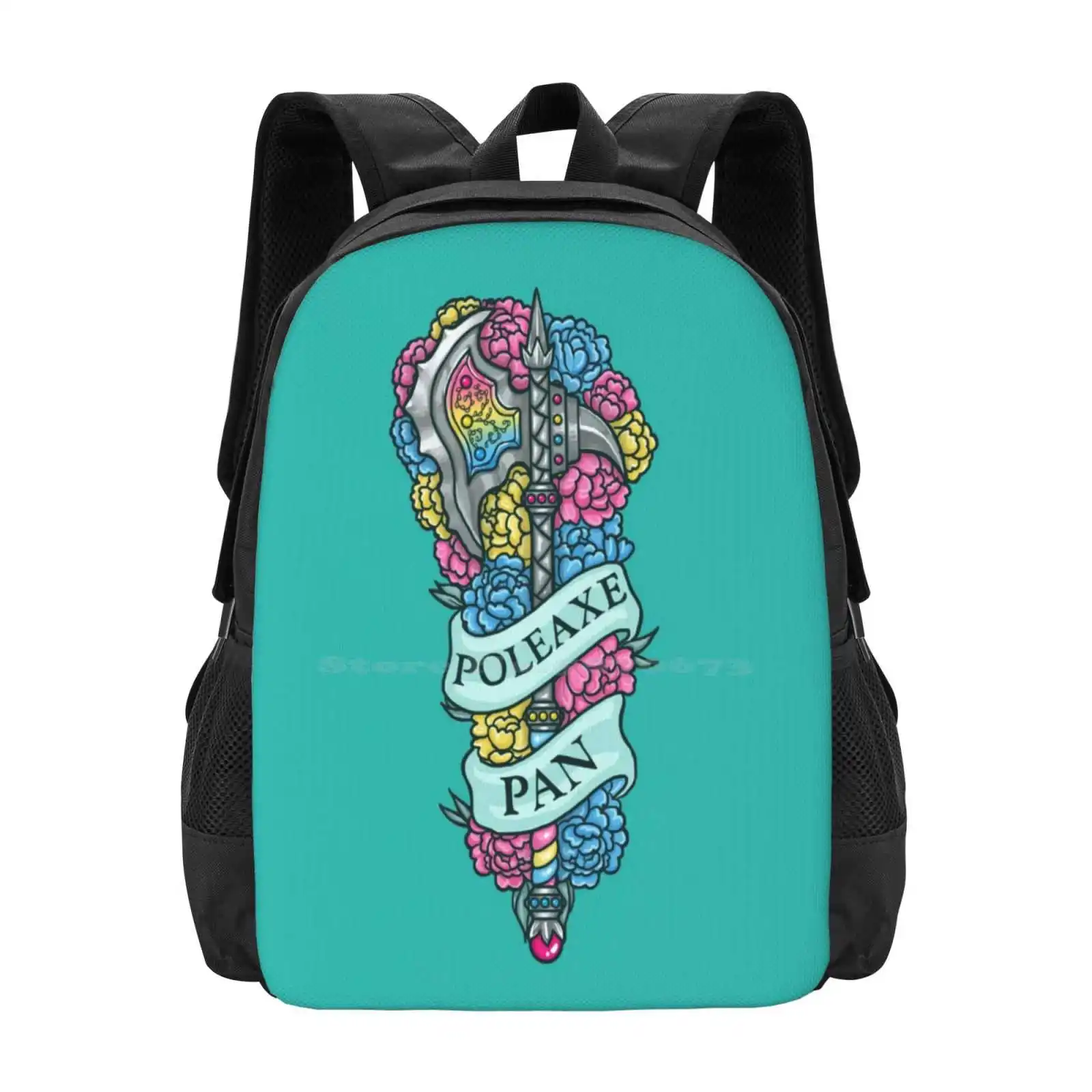 Poleaxe Pan Pattern Design Laptop Travel School Bags Pansexuality Gay Lgbtq Pride Dnd And Dragons Weapon Axe Flowers Peony