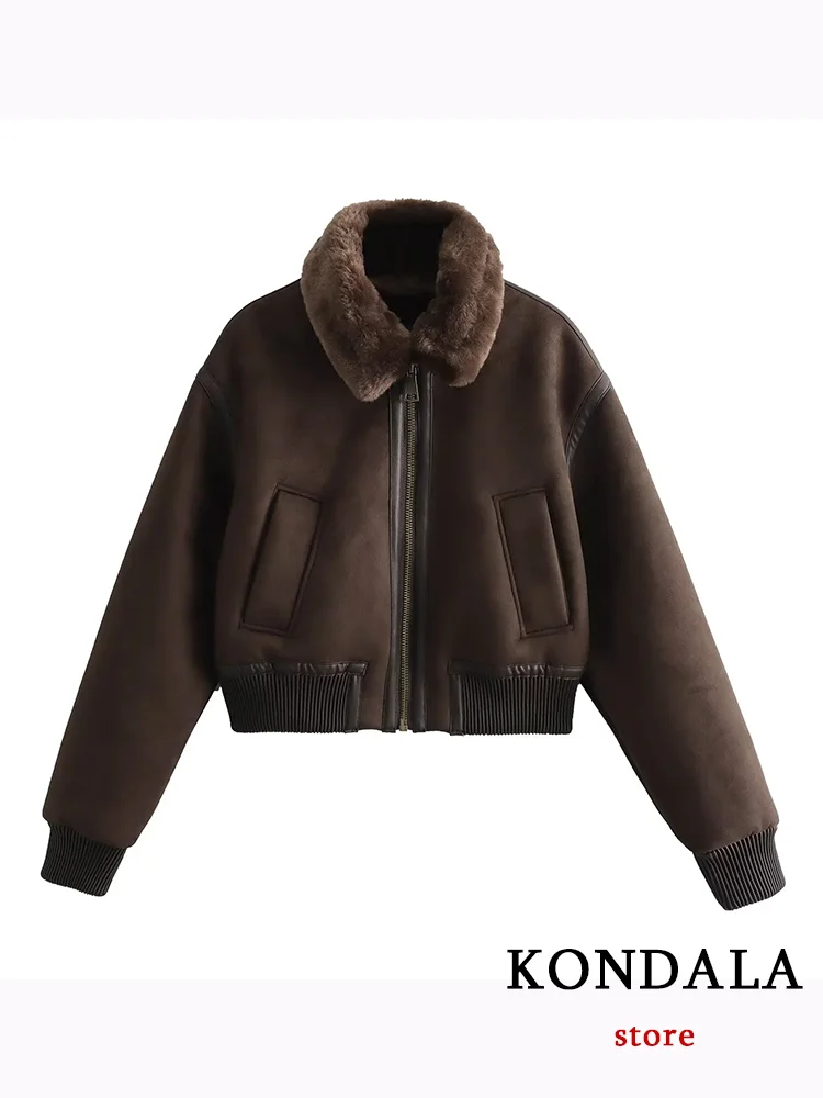 

KONDALA Vintage Chic Brown Women Leather Jackets Zipper Pockets Warm Coats New Fashion 2023 Autumn Winter Female Outwear