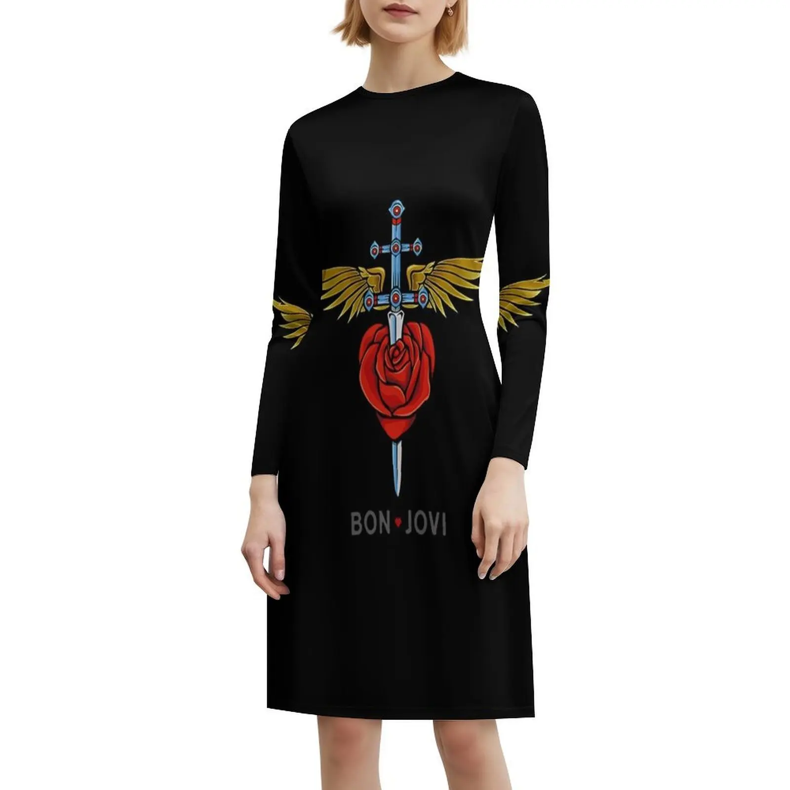 فستان حفلات نسائي ملابس الشارع الشهير ملابس نادي مطبوعة عصرية للإناث موسيقى Jovi Band 80S Bon Jon Guitar فساتين نسائية #6